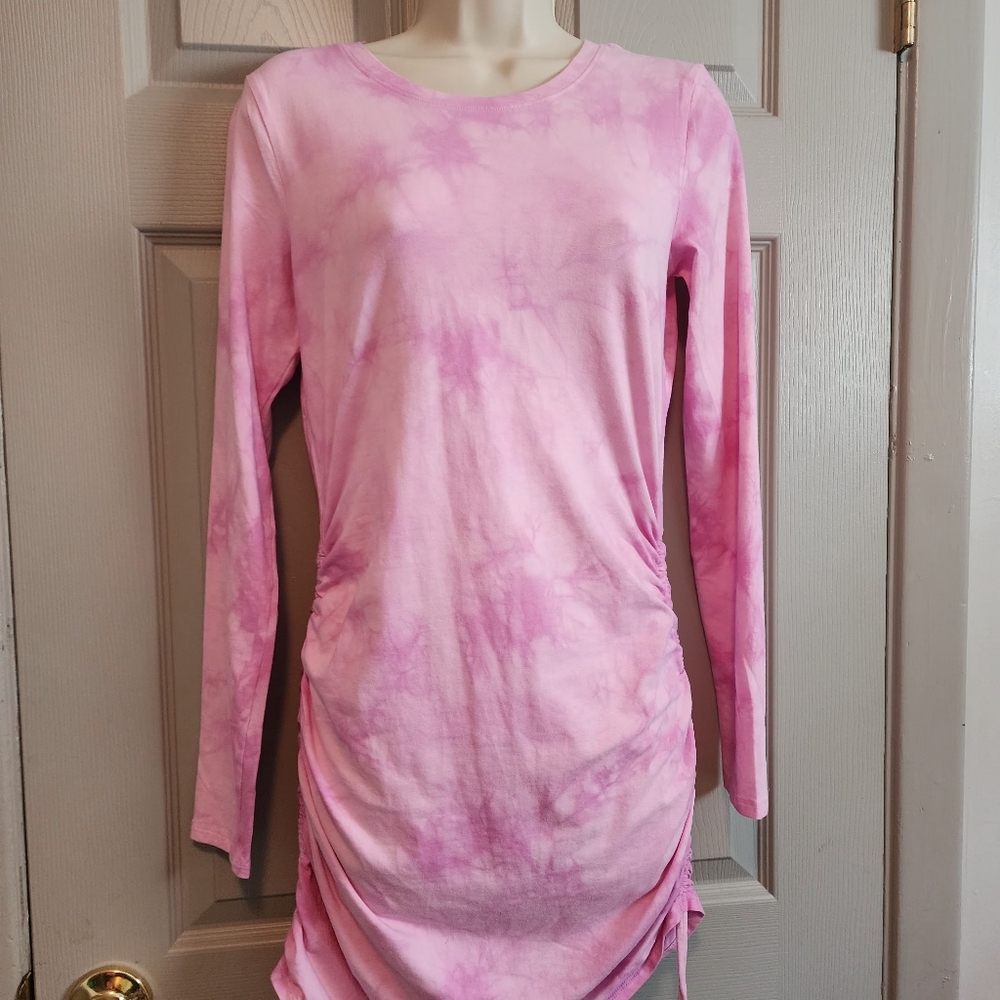 VICTORIAS SECRET PINK LONG SLEEVE RUCHED DRESS TOP PINK BLOOM TIE DYE M